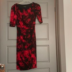 Black and red work dress with drape front